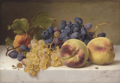 Johann Wilhelm Preyer A Still Life with Peaches and Grapes on a Marble Ledge